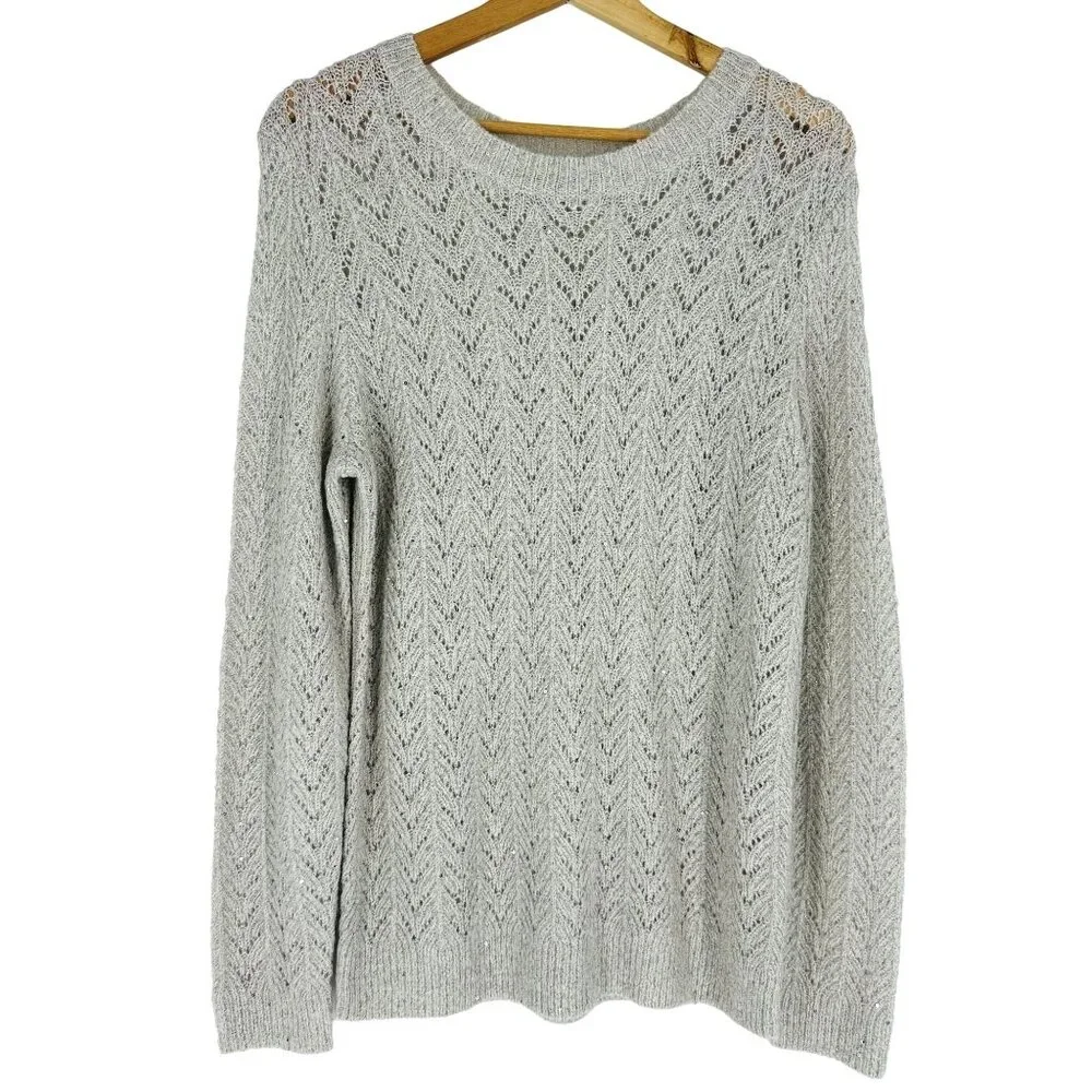 Talbots Gray Silver Metallic Sequin Embellished Long Sleeve Crew Neck Sweater M - Picture 1 of 8